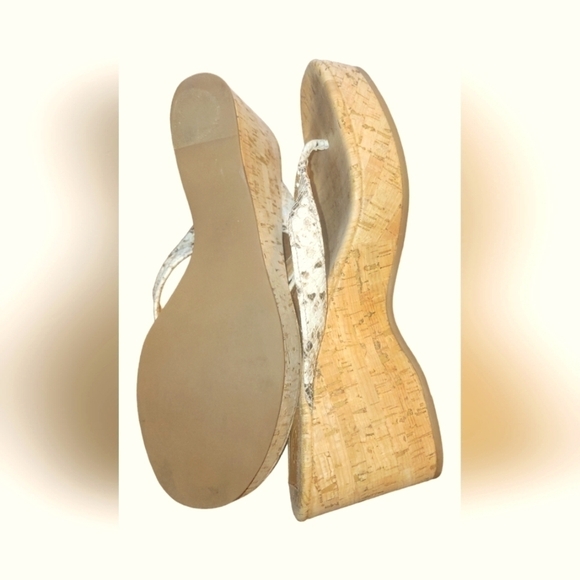 Tory Burch Suzy Cork Tan Brown Snakeskin Print Leather Wedge Thong Sandals 10.5M - Picture 4 of 8